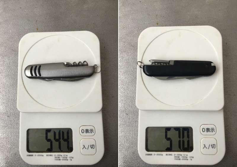 ダイソー6徳万能ナイフとセリア8wayポケットナイフの重量比較