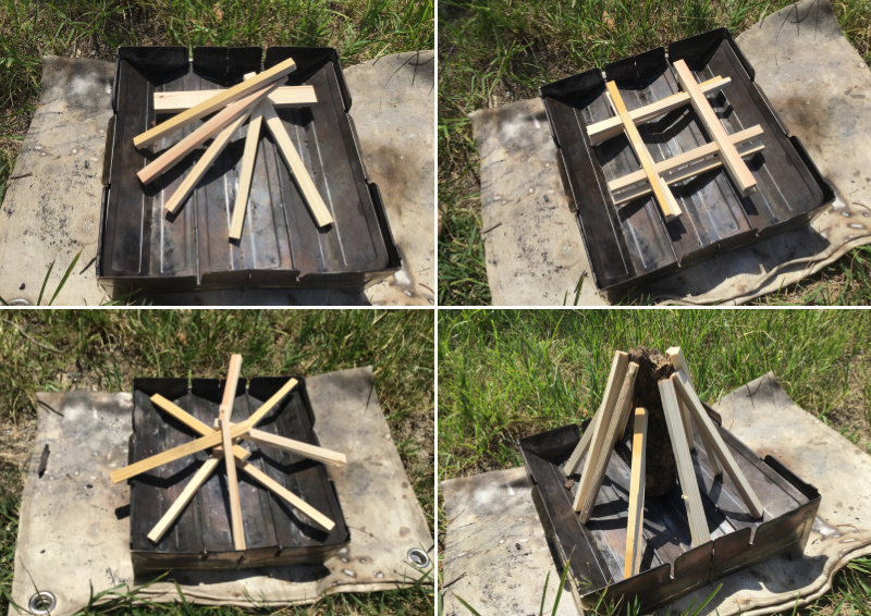 ウルフアンドグリズリーは正方形の焚き火台のため色々な薪の組み方が出来る