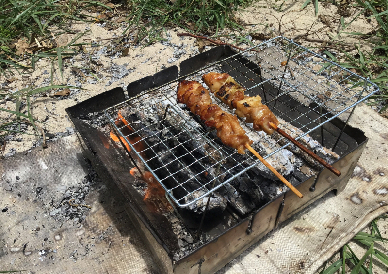 セリア スタンド付き焼き網を使えばウルフアンドグリズリー ファイヤーセーフで焼き鳥も食べれる