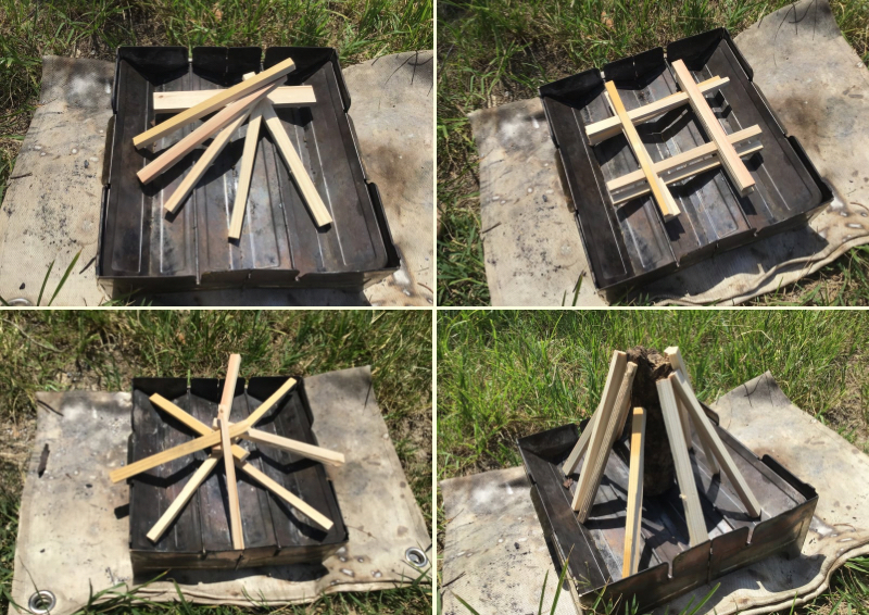 ウルフアンドグリズリー ファイヤーセーフは正方形なため色々な薪の組み方で焚き火が出来る